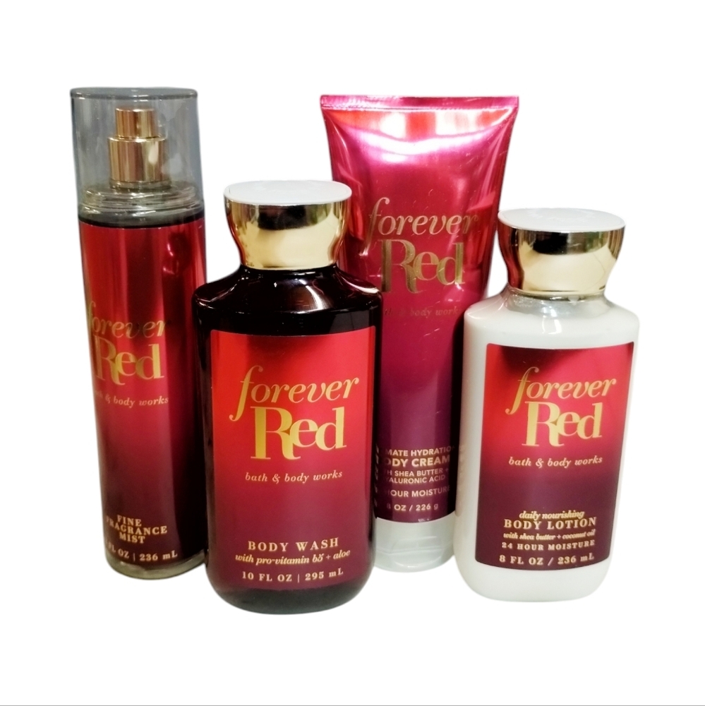 RARE Bath and Body Works DISCONTINUED 4pcs FOREVER RED Mist, Gel, Cream & Lotion